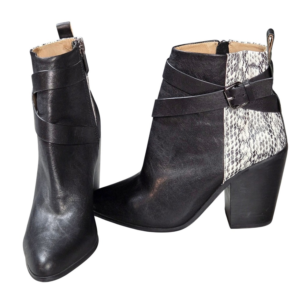 Women's Revolve RAYE 6.5 Black Leather Snakeskin Buckle Block Heel Ankle Boots